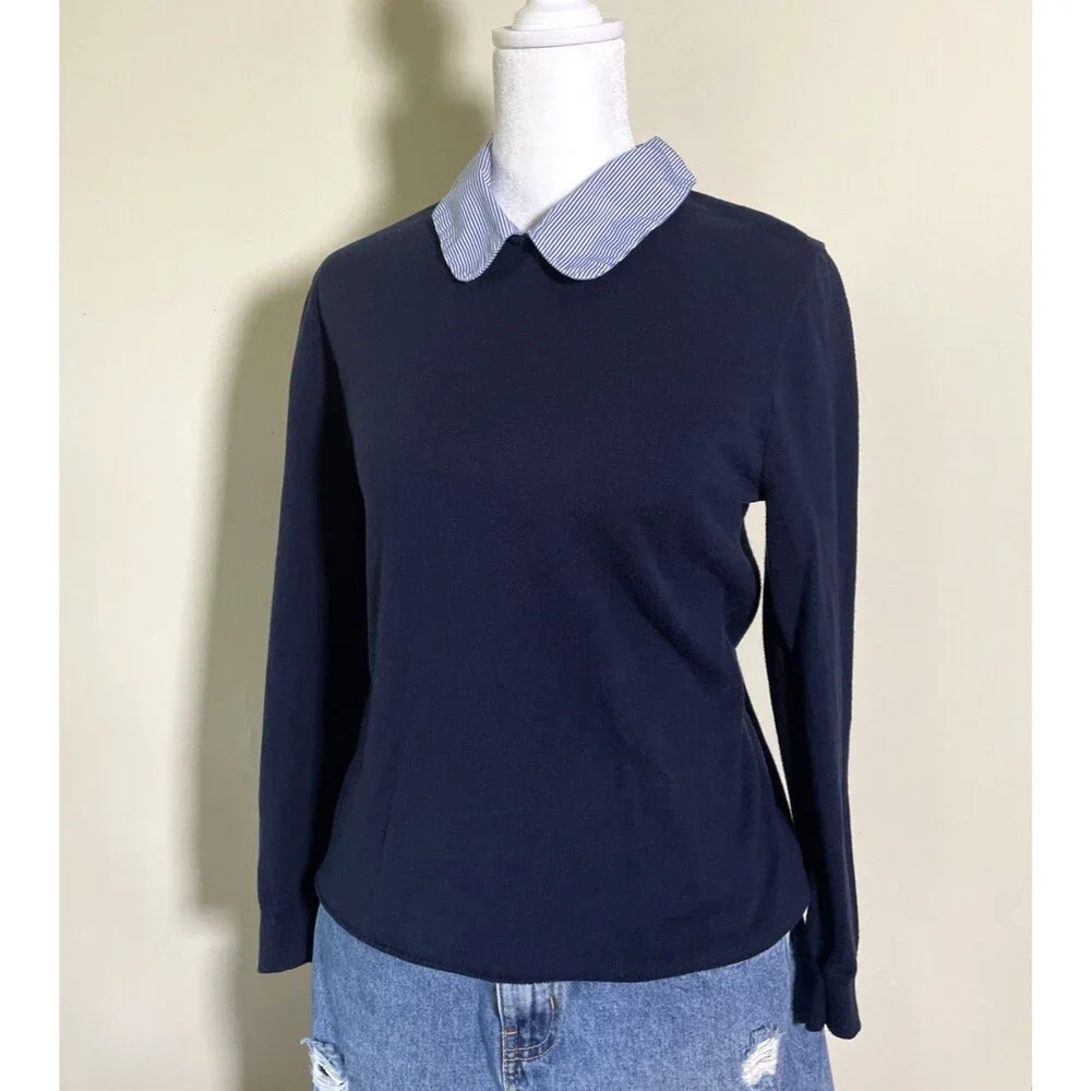 J.Crew Women's Blue Sweater White Blue Striped Trim Collar Size Small Preppy